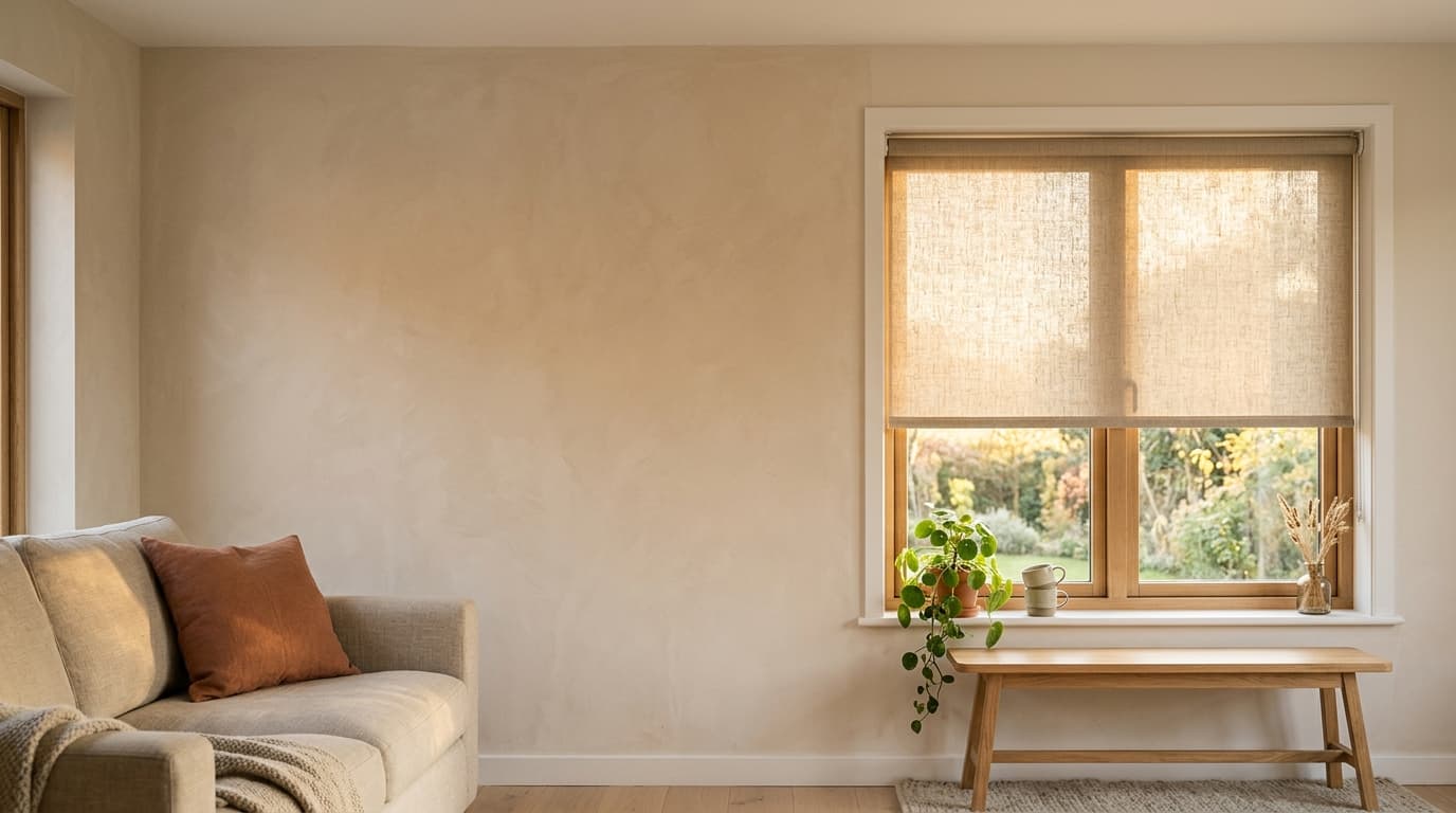 Sun-filled living room with a made-to-measure oatmeal roller blind
